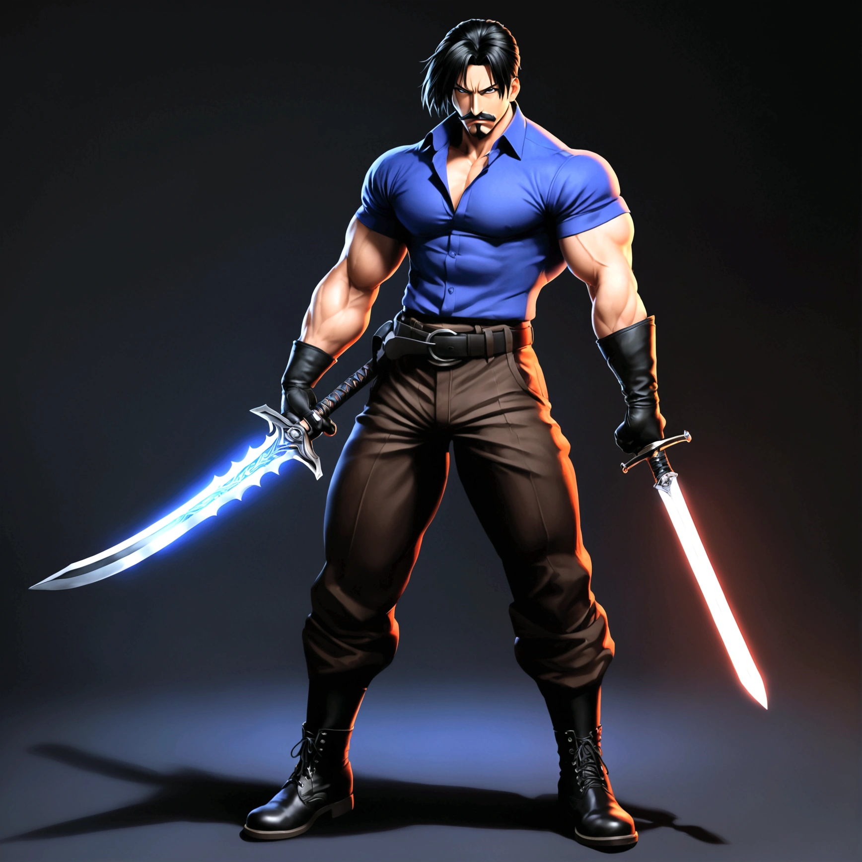 Fullmetal Alchemist，King Bradley，solo, looking at viewer, short hair, simple background, shirt, black hair, gloves, 1boy, holding, full body, weapon, male focus, boots, belt, pants, sword, fingerless gloves, holding weapon, black shirt, muscular, facial hair, holding sword, eyepatch, suspenders, pectorals, muscular male, black background, bara, beard, mature male, mustache, blue pants, covered abs, tight shirt