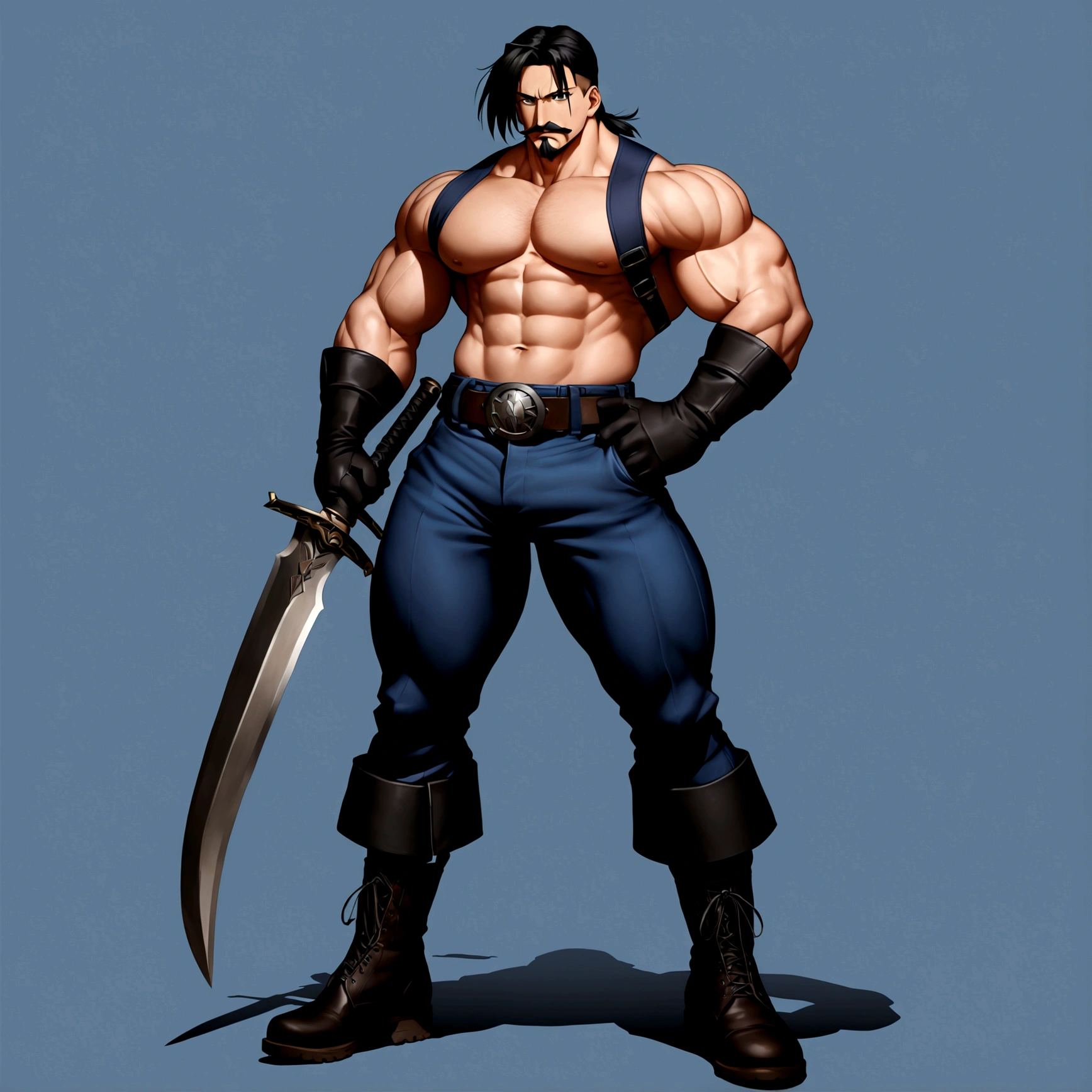 Fullmetal Alchemist，King Bradley，solo, looking at viewer, short hair, simple background, shirt, black hair, gloves, 1boy, holding, full body, weapon, male focus, boots, belt, pants, sword, fingerless gloves, holding weapon, black shirt, muscular, facial hair, holding sword, eyepatch, suspenders, pectorals, muscular male, black background, bara, beard, mature male, mustache, blue pants, covered abs, tight shirt