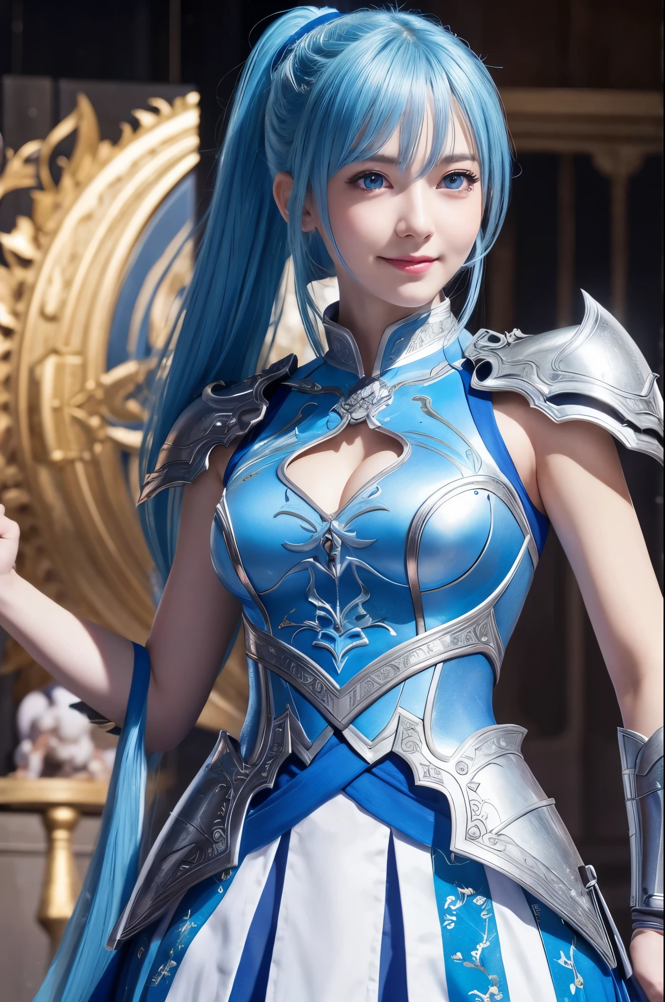 8k,Close-up of a woman in a blue and white dress、Draw your sword,Shiny blue hair, Super Beauty,(Like the real thing)blue eyes,Very big smile.ponytail,Chengwei Pan at Art Station、 By Yang Jo、 Detailed fantasy art、Amazing character art、 Fan Art Best Art Station、 Gorgeous and detailed character art、 Beautiful Armor、Highly detailed art gems、 Detailed digital animation art、 Art Station pixiv's artgerm、 Girl in armor,Dynamic Angle,Ultra-high resolution,Realistic Skin,attractive,Sexy,Active,Rich colors, Backlight, Cinema Lighting, Film Grain, 50mm lens, Nikon D850,Ultra-high resolution,Ultra-realistic,compensate,Super sexy,Big eyes,Beautiful breasts,Dynamic pose,Smiling with teeth showing,