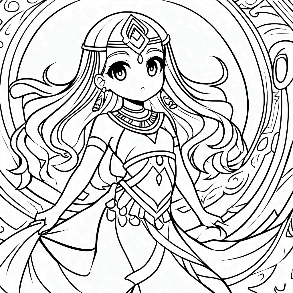 Create a Lineart of a cute egyptian girl, for coloring book for kids, vector illustration, without inside shading or colors, no black or dark shading anywhere, black and white, crisp dark thick line art. Decorate the rest of the area around with mystic designs