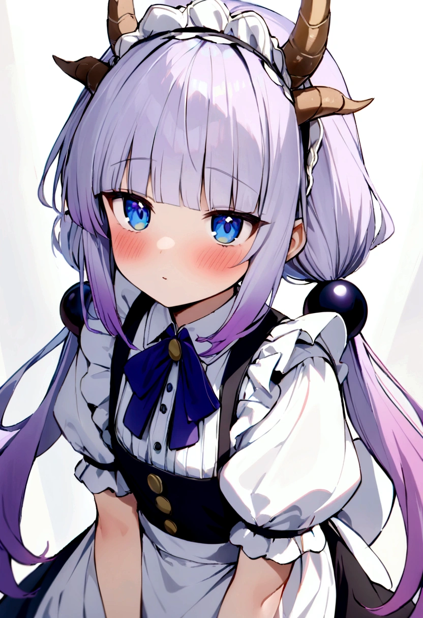 best quality, masterpiece, highres, solo, {maid:1.40}, {long maid dress:1.15}, {kanna_kamui_kobayashisanchinomaidragon:1.15}, long_hair, light_purple_hair, blue_eyes, hair_ornament, bangs, blush, multicolored_hair, twintails, blunt_bangs, hair_beads, beads, hairband, gradient_hair, low_twintails, horns, dragon_horns, purple_hair