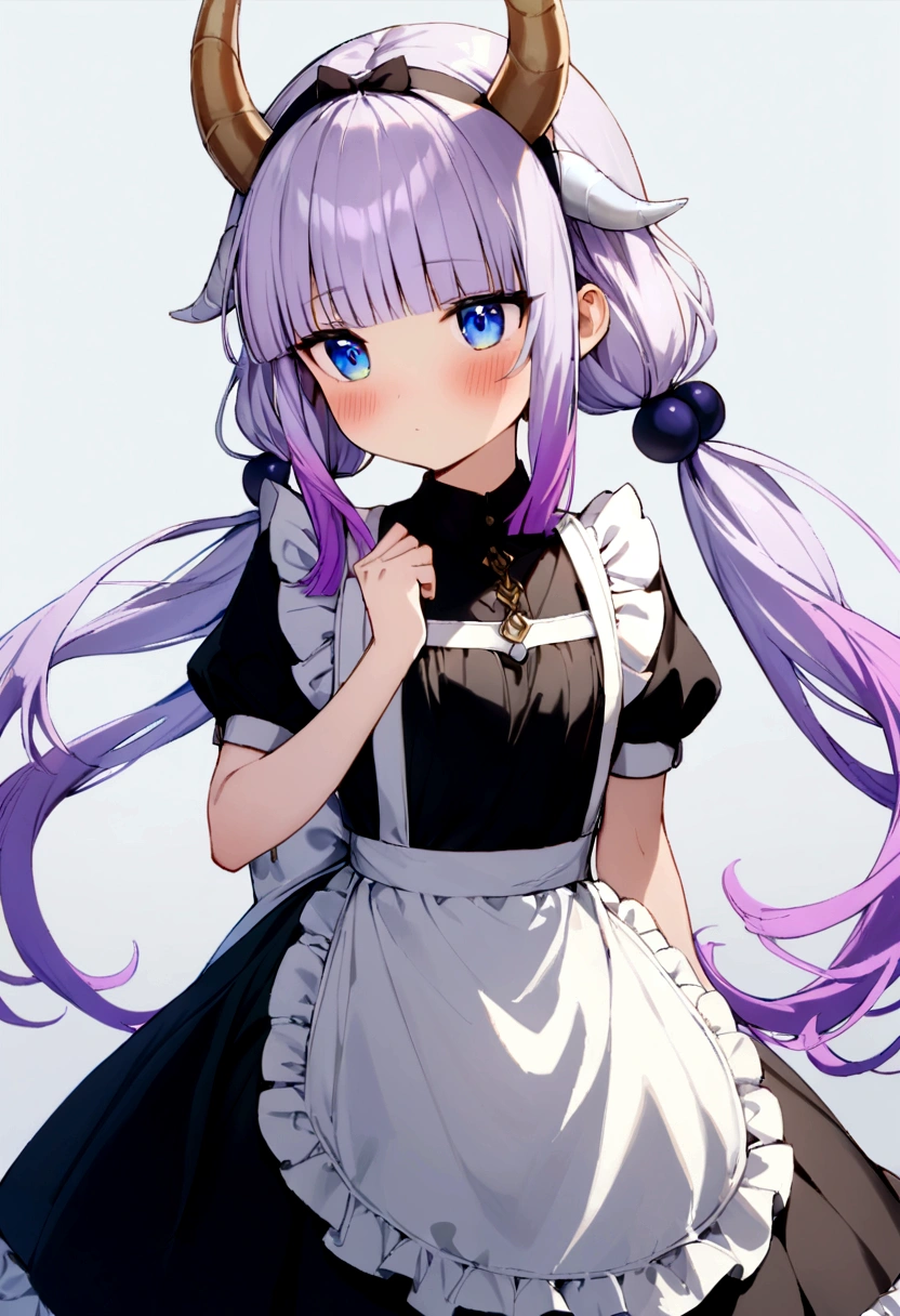 best quality, masterpiece, highres, solo, {maid:1.40}, {long maid dress:1.15}, {kanna_kamui_kobayashisanchinomaidragon:1.15}, long_hair, light_purple_hair, blue_eyes, hair_ornament, bangs, blush, multicolored_hair, twintails, blunt_bangs, hair_beads, beads, hairband, gradient_hair, low_twintails, horns, dragon_horns, purple_hair