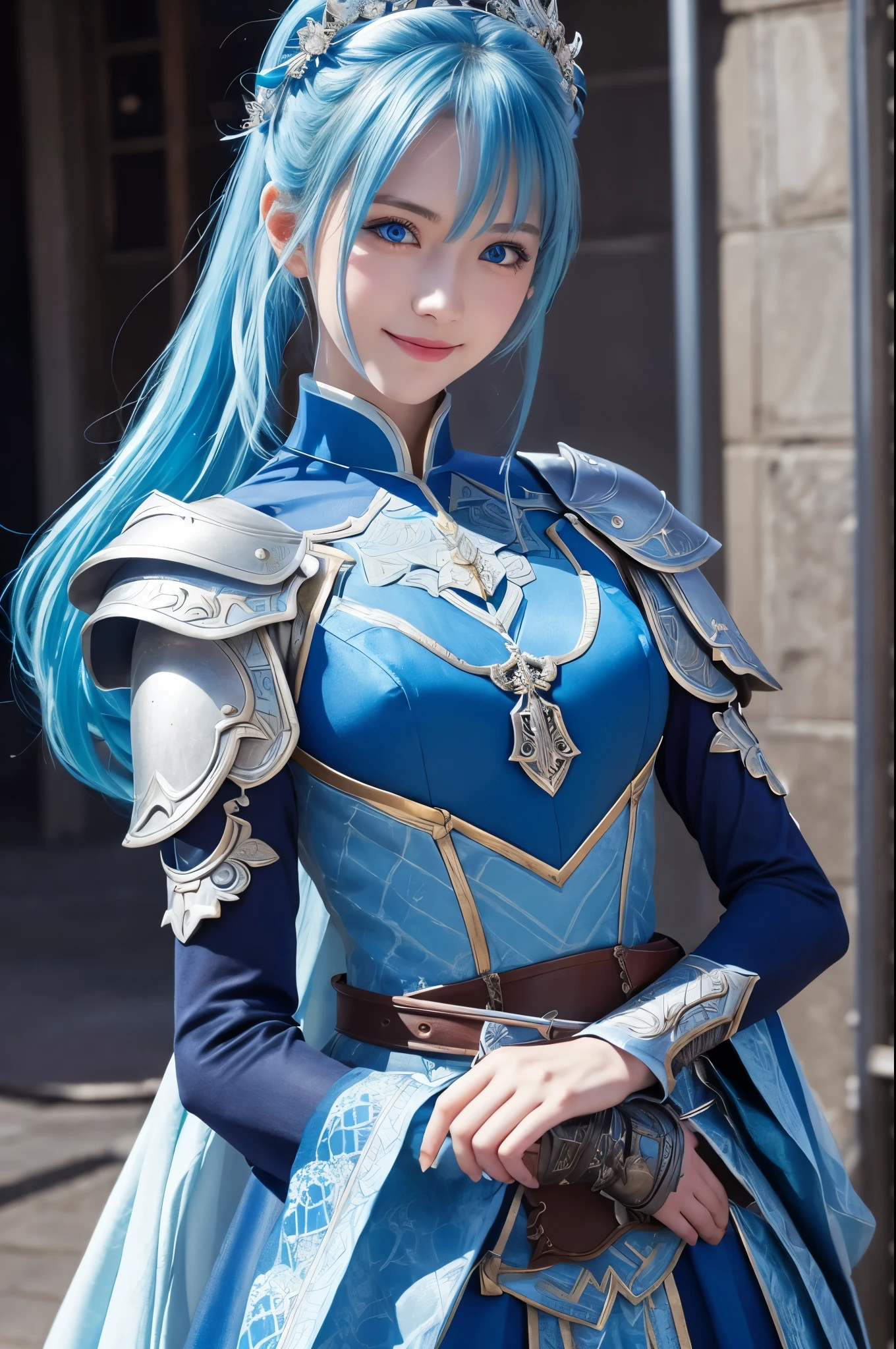 8k,Close-up of a woman in a blue and white dress、Draw your sword,Shiny blue hair, Super Beauty,(Like the real thing)blue eyes,Very big smile.ponytail,Chengwei Pan at Art Station、 By Yang Jo、 Detailed fantasy art、Amazing character art、 Fan Art Best Art Station、 Gorgeous and detailed character art、 Beautiful Armor、Highly detailed art gems、 Detailed digital animation art、 Art Station pixiv&#39;s artgerm、 Girl in armor,Dynamic Angle,Ultra-high resolution,Realistic Skin,attractive,Sexy,Active,Rich colors, Backlight, Cinema Lighting, Film Grain, 50mm lens, Nikon D850,Ultra-high resolution,Ultra-realistic,compensate,Super sexy,Big eyes,Beautiful breasts,Dynamic pose,Smiling with teeth showing,