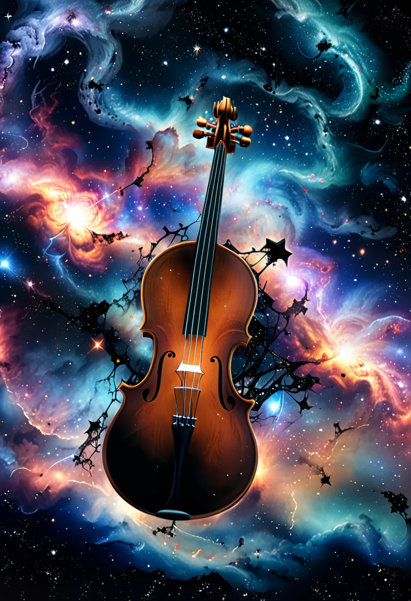 dreamlikeart, galaxy, outer space, nebula, star, [cyberpunked] Three string fiddle from the stars (star:1.5),