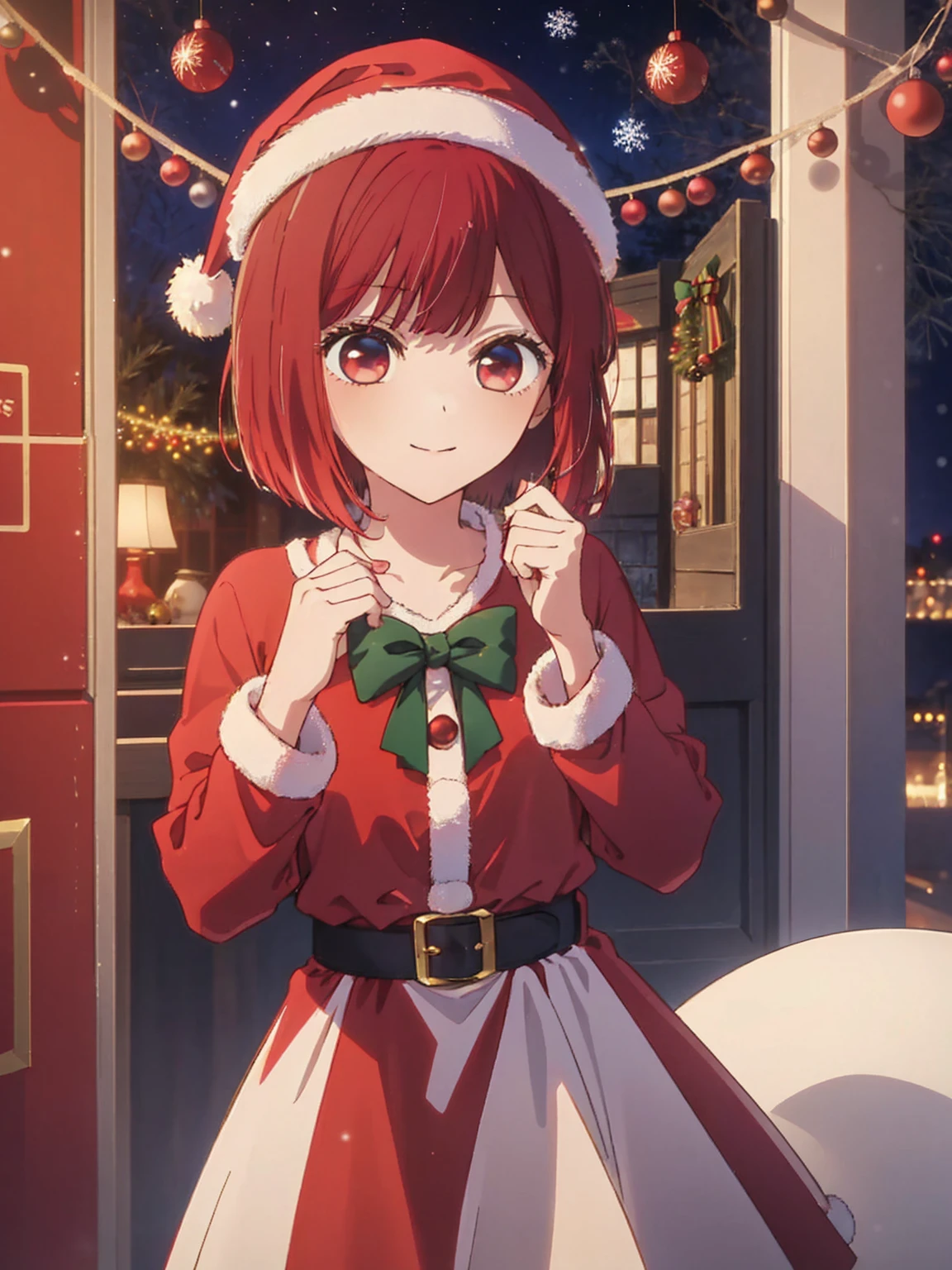 masterpiece、Very detailed、(1 Girl:1.2)、Redhead、Big eyes、(((close)))、smile、short hair、(((Anime Style)))、(((2D)))、Red eyes、Open your mouth、(((Santa Cosplay)))、(((Christmas)))、8k、