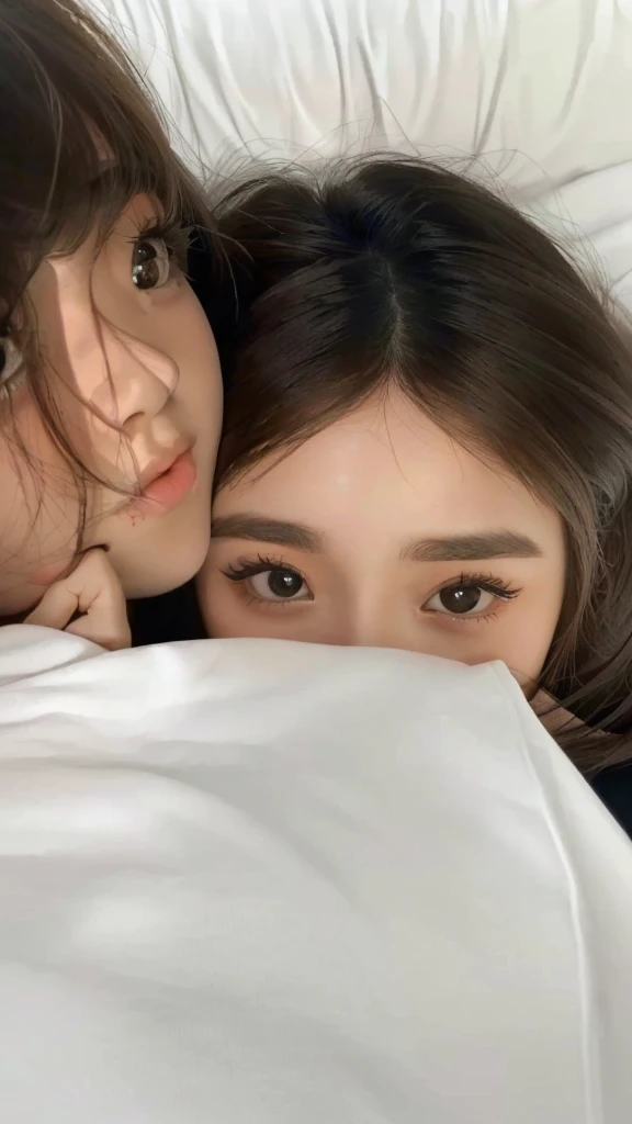 there are two girls that are laying down together in bed, with big eyes, pokimane, close up at face, lovingly looking at camera, i see you, frightened look, annoying sister vibes, look me inside of my eyes, with cute doting eyes, close up face, hand on cheek, third eyes middle of foreheads, white detailed eyes