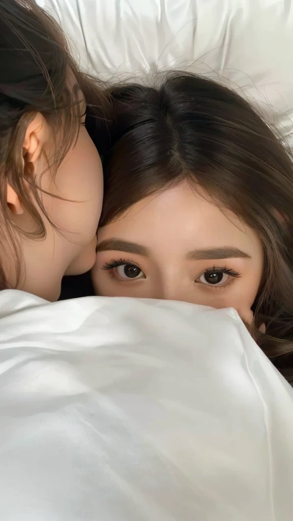 there are two girls that are laying down together in bed, with big eyes, pokimane, close up at face, lovingly looking at camera, i see you, frightened look, annoying sister vibes, look me inside of my eyes, with cute doting eyes, close up face, hand on cheek, third eyes middle of foreheads, white detailed eyes