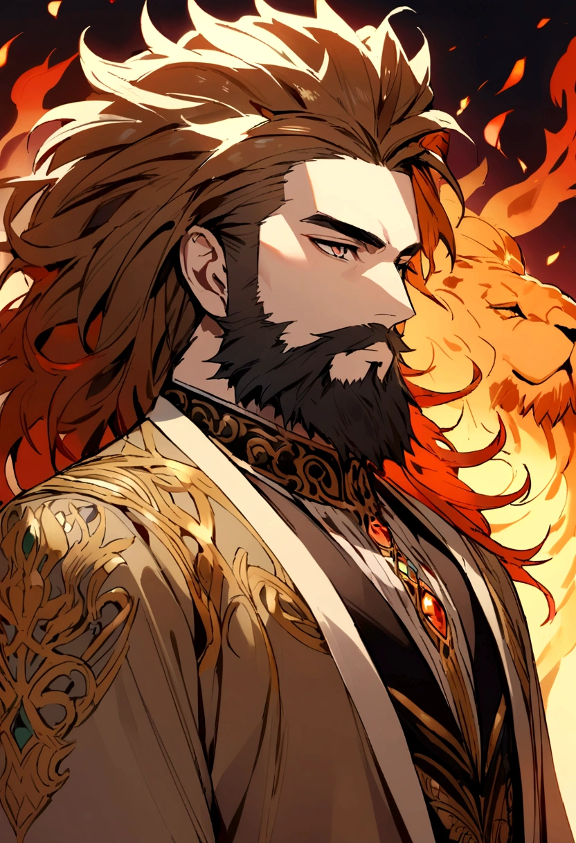 young man with beard turns into lion and has fire in the background