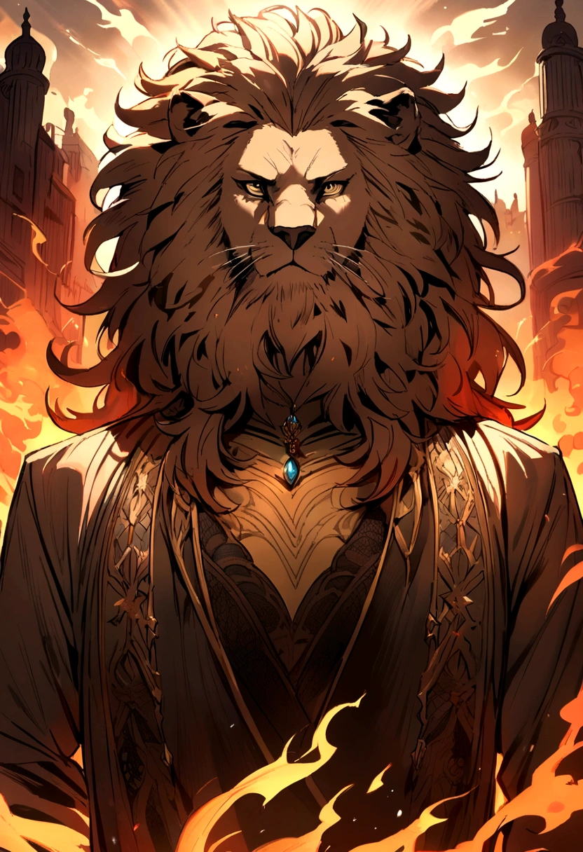 young man with beard turns into lion and has fire in the background