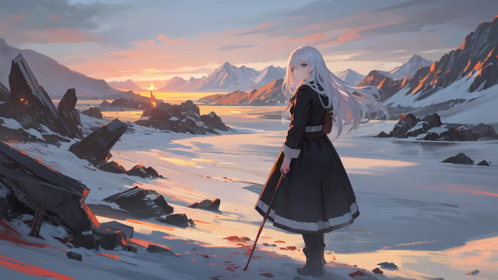 masterpiece:1.2), best quality , solo ,pixiv, anime girl ,long straight white hair , black eyes ,Wearing off-white camouflage uniform ,ten years old,battlefield,Standing in the snowy mountains,(Eyes looking into the distance:1.3),There is a flame burning beside you,(look away:1.5),snowy weather,The girl stands among the deserted snowy mountains,blood on forehead,dirty face,Background mixed with metal fragments:1.2,Backlight,Black lake in the background,Stand on a glacier,Bare rocky peaks , Scrap metal on the snow,The expression is sad