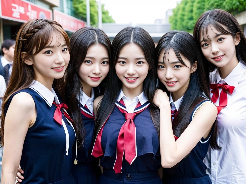 (A trio of super cute Korean high school girls take a photo together 1.2)(grin,Smile)(Beautiful Sweat:1.1)(16k, RAW Photos, Highest quality, masterpiece: 1.2),(Cute hairstyle with shiny black hair) Super detailed, Super Resolution, (Genuine, Genuine photos: 1.37), Portraiture, High-resolution RAW color photos, Professional photos, Very detailed, 8k wallpaper, Very detailed CG Unity 8k wallpaper, Very detailed beautiful girls, Very detailed faces, ((whole body)), beautiful woman, Huge breasts,(huge boobs:1.1) (Big Boobs:1.1), Beauty college student (A tight, girly, navy sleeveless with ribbon.),high school girl, Korean Girls,(K-POP Female Idols), (Idol-class beauty)(Beautiful high school girl:1.1)(High school girls sightseeing in Tokyo)(18-year-old)(Stylish school uniform-style outfit:1.1)(Group photo of the school trip:1.3)NSFW