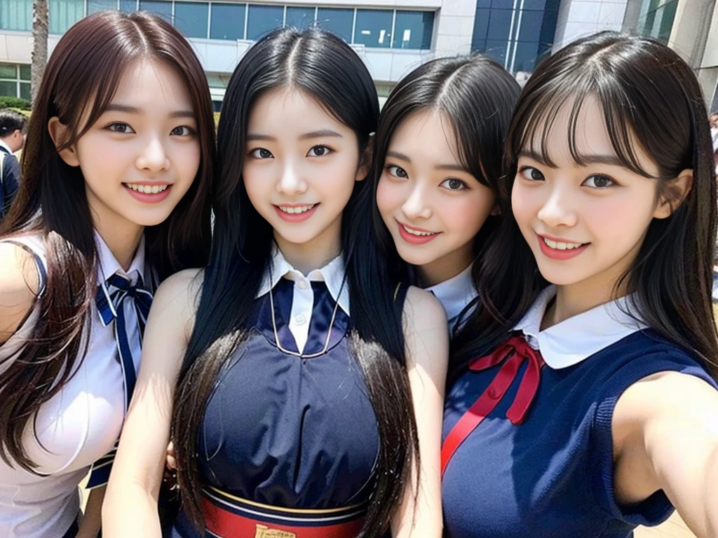 (A trio of super cute Korean high school girls take a photo together 1.2)(grin,Smile)(Beautiful Sweat:1.1)(16k, RAW Photos, Highest quality, masterpiece: 1.2),(Cute hairstyle with shiny black hair) Super detailed, Super Resolution, (Genuine, Genuine photos: 1.37), Portraiture, High-resolution RAW color photos, Professional photos, Very detailed, 8k wallpaper, Very detailed CG Unity 8k wallpaper, Very detailed beautiful girls, Very detailed faces, ((whole body)), beautiful woman, Huge breasts,(huge boobs:1.1) (Big Boobs:1.1), Beauty college student (A tight, girly, navy sleeveless with ribbon.),high school girl, Korean Girls,(K-POP Female Idols), (Idol-class beauty)(Beautiful high school girl:1.1)(High school girls sightseeing in Tokyo)(18-year-old)(Stylish school uniform-style outfit:1.1)(Group photo of the school trip:1.3)NSFW