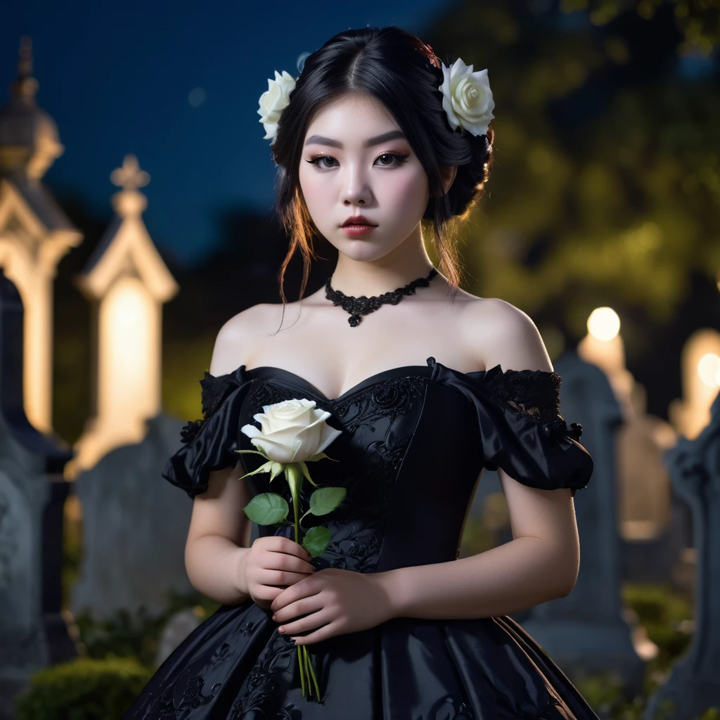 (masterpiece), (extremely intricate:1.3), (realistic), photo of a a bit chubby charming pale Japanese girl wearing a short black shoulderless gothic dress holding a white rose, (baroque hairstyle), plan american, spooky graveyard at night, professional photograph of a stunning teenl detailed, sharp focus, dramatic, award winning, cinematic lighting, volumetrics dtx, (film grain, blurry background, blurry foreground, bokeh, depth of field, night, motion blur:1.3), 4k, 8k, hd, hdr