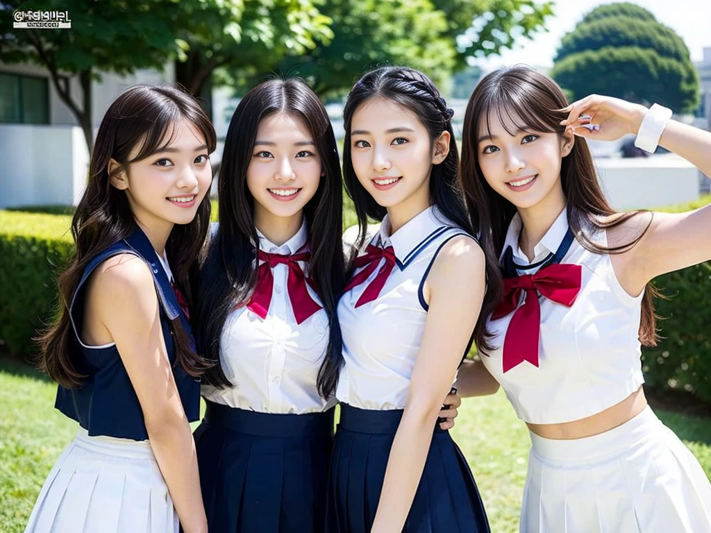 (A trio of super cute Korean high school girls take a photo together 1.2)(grin,Smile)(Beautiful Sweat:1.1)(16k, RAW Photos, Highest quality, masterpiece: 1.2),(Cute hairstyle with shiny black hair) Super detailed, Super Resolution, (Genuine, Genuine photos: 1.37), Portraiture, High-resolution RAW color photos, Professional photos, Very detailed, 8k wallpaper, Very detailed CG Unity 8k wallpaper, Very detailed beautiful girls, Very detailed faces, ((whole body)), beautiful woman, Huge breasts,(huge boobs:1.1) (Big Boobs:1.1), Beauty college student (A tight, girly, navy sleeveless  with ribbon.),high school girl, Korean Girls,(K-POP Female Idols), (Idol-class beauty)(Beautiful high school girl:1.1)(High school girls sightseeing in Tokyo)(18-year-old)(Stylish school uniform-style outfit:1.1)(Group photo of the school trip:1.3)NSFW