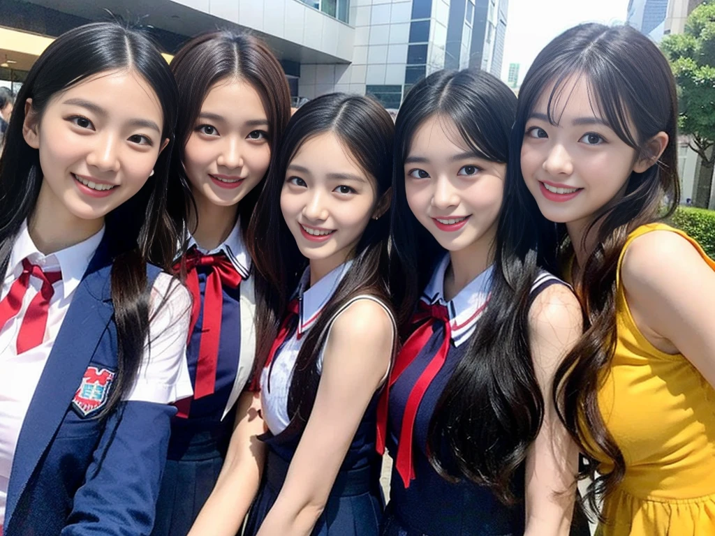 (A trio of super cute Korean high school girls take a photo together 1.2)(grin,Smile)(Beautiful Sweat:1.1)(16k, RAW Photos, Highest quality, masterpiece: 1.2),(Cute hairstyle with shiny black hair) Super detailed, Super Resolution, (Genuine, Genuine photos: 1.37), Portraiture, High-resolution RAW color photos, Professional photos, Very detailed, 8k wallpaper, Very detailed CG Unity 8k wallpaper, Very detailed beautiful girls, Very detailed faces, ((whole body)), beautiful woman, Huge breasts,(huge boobs:1.1) (Big Boobs:1.1), Beauty college student (A tight, girly, navy sleeveless  with ribbon.),high school girl, Korean Girls,(K-POP Female Idols), (Idol-class beauty)(Beautiful high school girl:1.1)(High school girls sightseeing in Tokyo)(18-year-old)(Stylish school uniform-style outfit:1.1)(Group photo of the school trip:1.3)NSFW