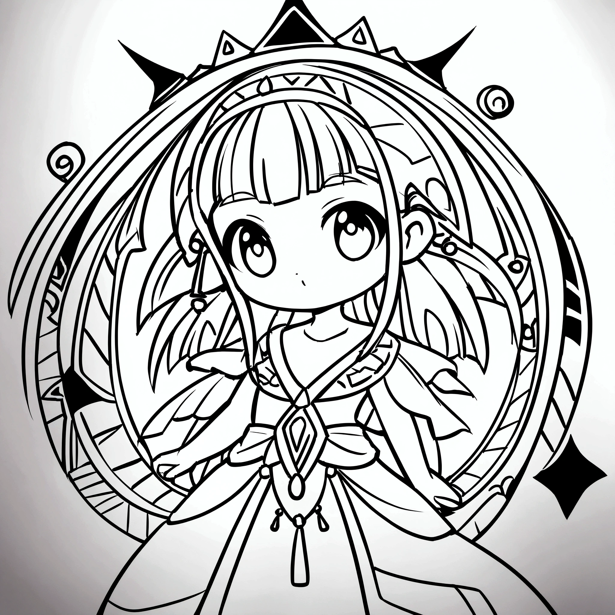 Create a Lineart of a cute egyptian girl, for coloring book for kids, vector illustration, without inside shading or colors, no black or dark shading anywhere, black and white, crisp dark thick line art. Decorate the rest of the area around with mystic designs