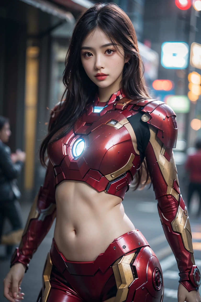 A girl wearing red Iron Man armor，Exposing sexy belly,((cowboy shot))，Looking at the camera，Detailed facial features, beautiful eyes, Lips, and long eyelashes, Reality, 8K， Very detailed, Studio Lighting, Dramatic Lighting, Vibrant colors, work, City Streets，The abdomen is open，Showing belly，Sexy abdominal muscles