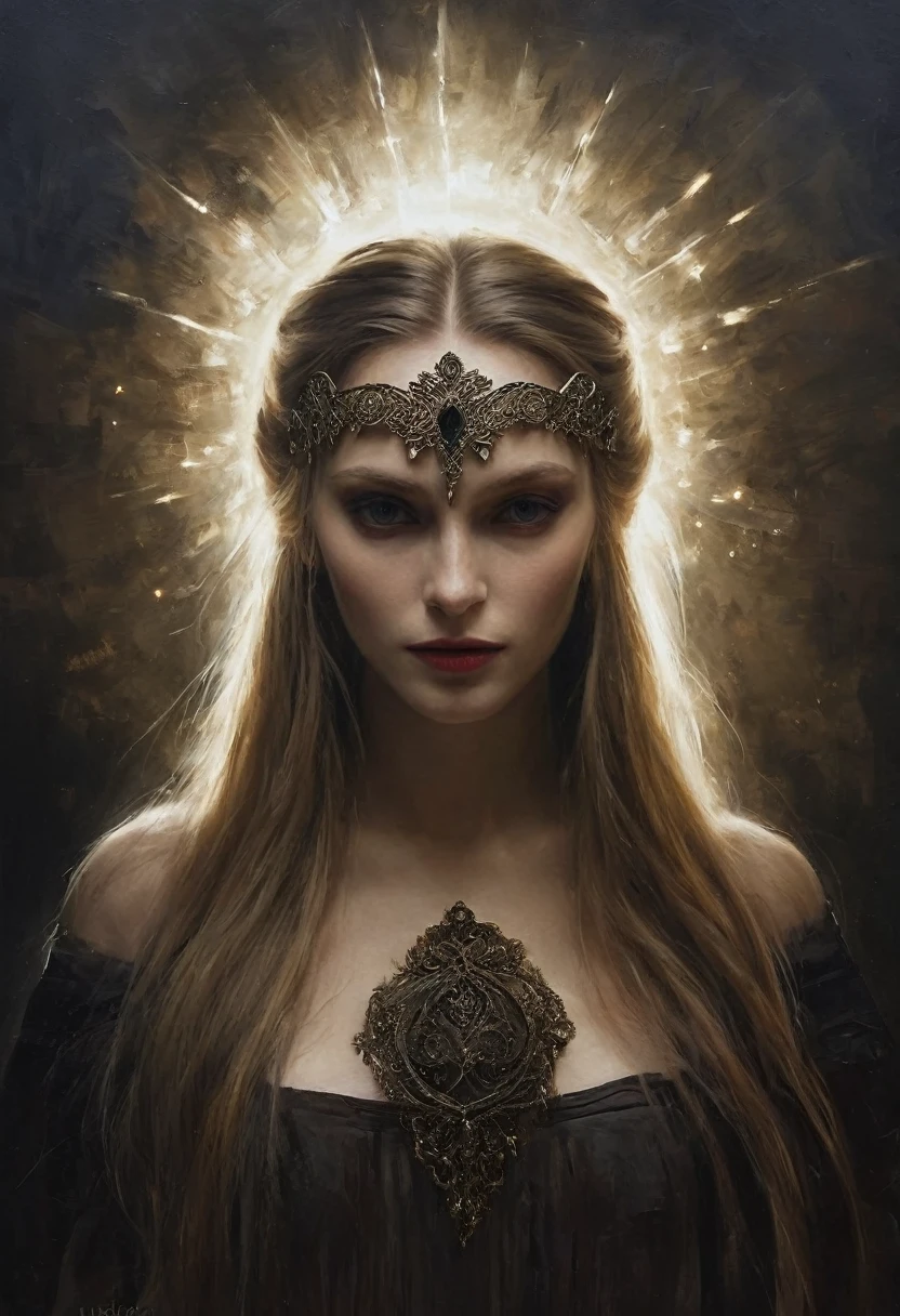 painting of a evil slavic woman, long dark blond hair, pale skin, MYSTERIOUS MASK ON A WOMAN, HIGH ELEGANT HAIRSTYLE. mysterious dark atmosphere. cinematic scene, volumetric lights, ultra realistic, in the style of nicola samori