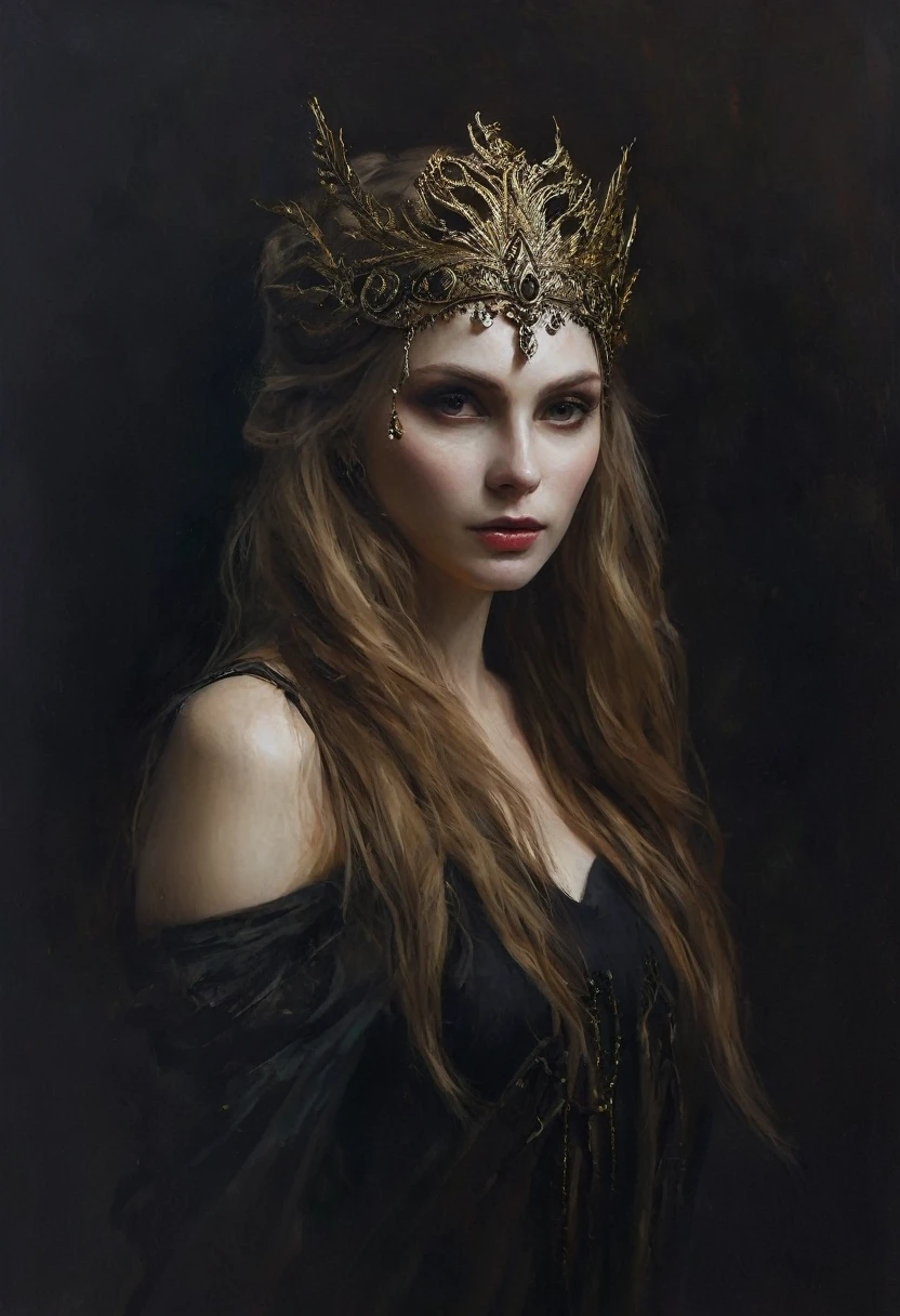 painting of a evil slavic woman, long dark blond hair, pale skin, MYSTERIOUS MASK ON A WOMAN, HIGH ELEGANT HAIRSTYLE. mysterious dark atmosphere. cinematic scene, volumetric lights, ultra realistic, in the style of nicola samori