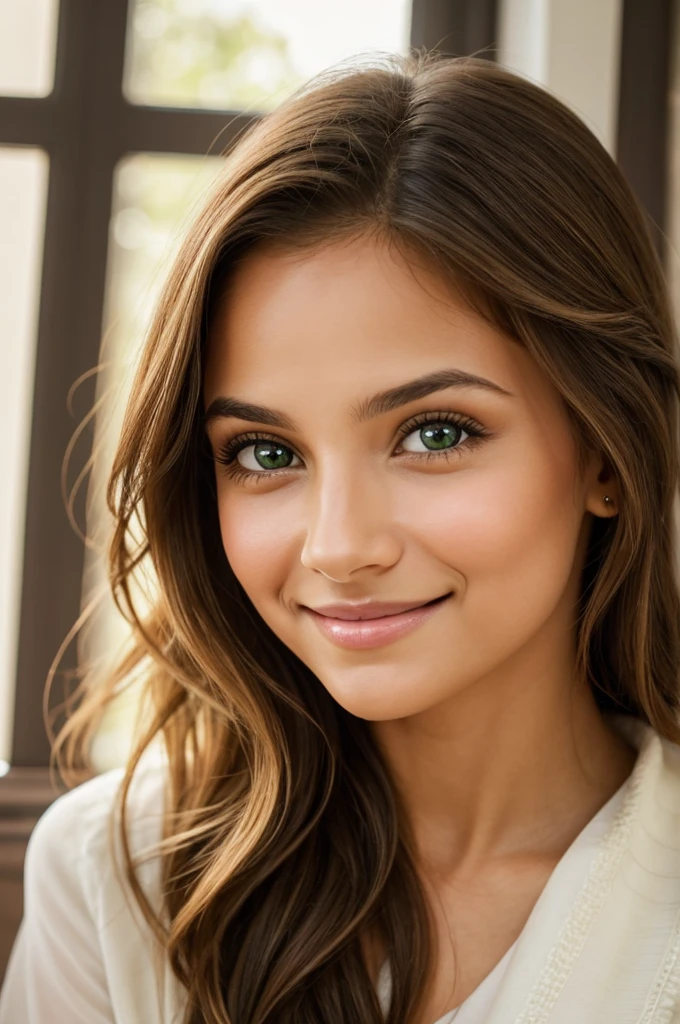 uma linda garota possui uma aura radiante e calorosa que imediatamente cativa aqueles ao seu redor. Seus olhos verdes, com um sorrizo profundo e encantador, They are windows to a soul that reflects kindness, intelligence and a touch of playful curiosity. Framing her face is a cascade of brown waves that dance in the sunlight., casting a soft, natural glow. Her features are gracefully balanced - a nose that adds character without overshadowing her other delicate features, and lips that curve into a gentle smile, inviting and genuine. There&#39;s an air of confidence in the way she carries herself, but it is tempered with humility, making your presence strong and accessible. In addition to his physical attributes, Your inner beauty shines through your actions and personality. Ela exala uma positividade contagiante, sempre pronta com uma palavra gentil ou um gesto reconfortante. Your laugh is a melodic symphony that echoes joy and warmth, creating a magnetic charm that draws people towards you