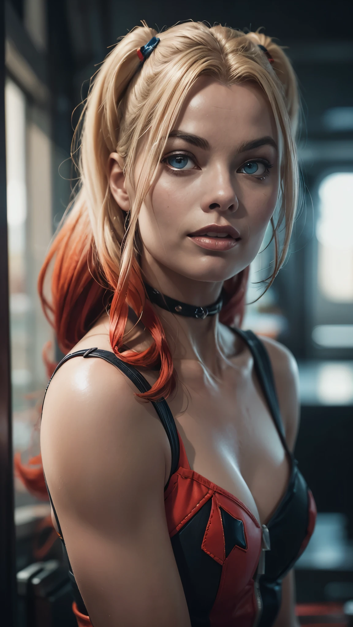 (Margot Robbie as Harley Quinn,beautiful detailed eyes,beautiful detailed lips,extremely detailed eyes and face,longeyelashes,1girl,character,portrait,hyperrealistic,highly detailed,digital painting,vibrant colors,dynamic lighting,cinematic,dramatic,DC comics,antihero,mad scientist,character concept art), beautiful face, female, ultra-realistic,  RAW photo, (highly detailed skin: 1.2), 8k uhd, dslr, soft lighting, high quality, film grain, Fujifilm XT3, 