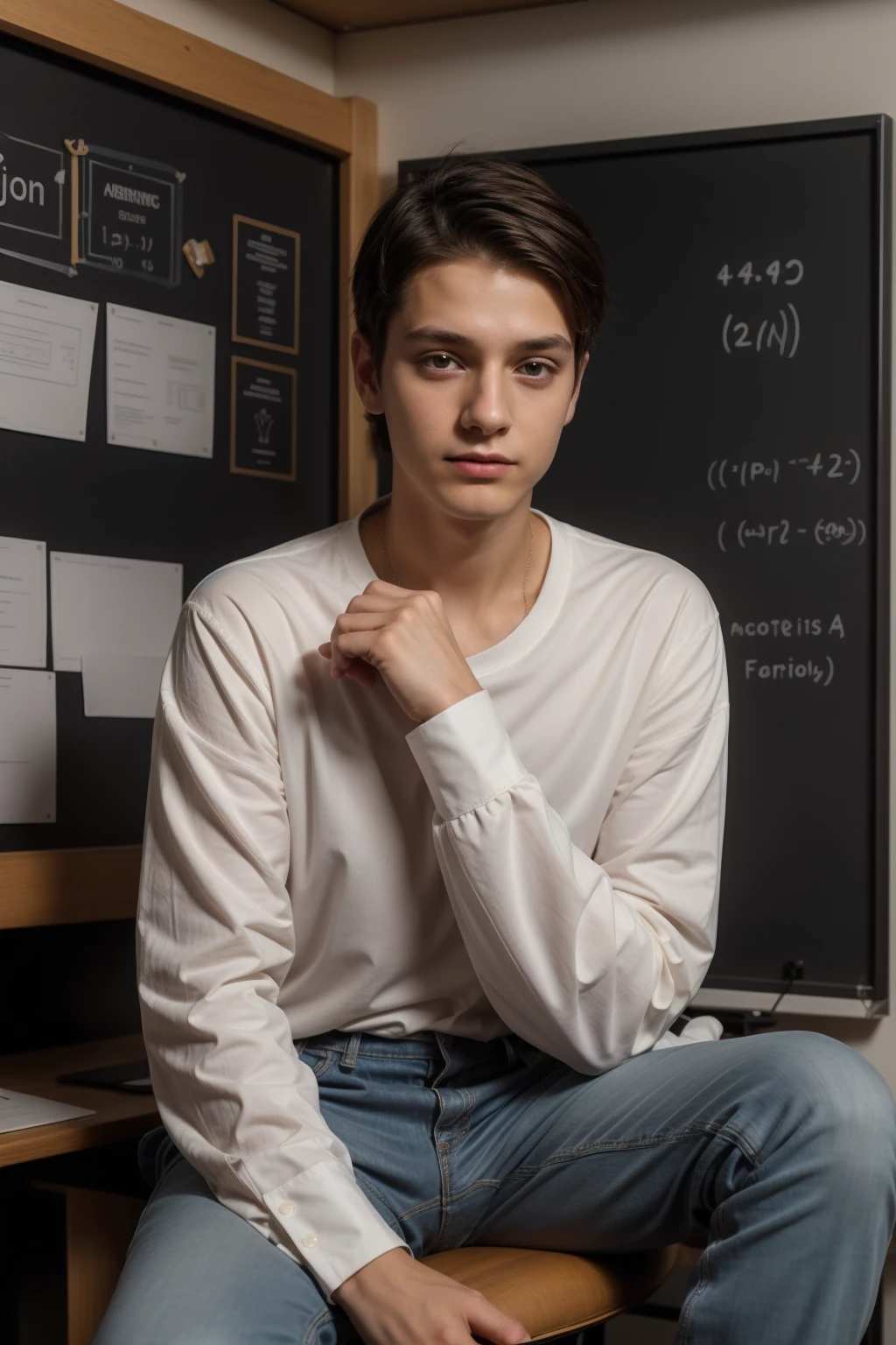 A cute, beautiful, black-haired male twink is wearing a luxurious white long-sleeved shirt and jeans. He is in his office, and behind him is a blackboard with calculus written on it. He looks proudly, and his eyes have dark circles under them. He is sitting in his office, and next to him is a medical monitor containing an EEG.