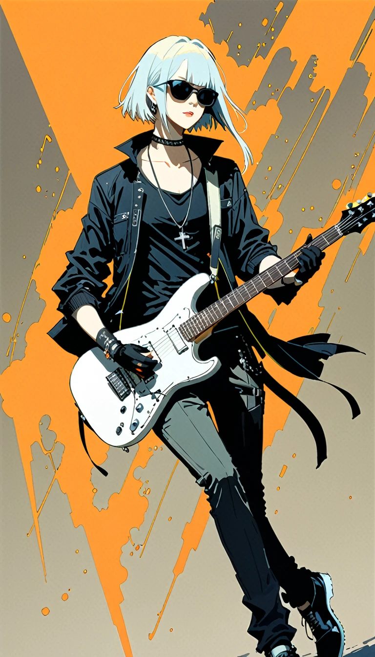 Harry Clarke style,(Ashley Wood Style:1.4),
1 Goth Girl,(弹guitar动作，Dynamic Action:1.4),guitar,Musical Instruments BREAK Bleach Style,length_hair,Partially colored,,pants,belt,keep,Wear glasses on your head,sunglasses,shoes,keep 乐器,electric guitar,shirt,peak,Tinted Glasses,whole body,necklace,Black gloves,Looking at the audience,collar,运动shoes,very length hair,white hair,black shirt,白色shoes類,jewelry,Gray hair,Persistence,black necklace,shut up,trumpet,