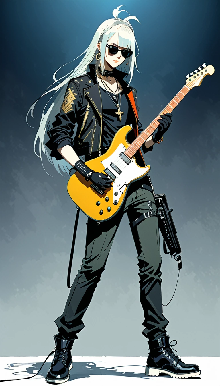 Harry Clarke style,(Ashley Wood Style:1.4),
1 Goth Girl,(弹guitar动作，Dynamic Action:1.4),guitar,Musical Instruments BREAK Bleach Style,length_hair,Partially colored,,pants,belt,keep,Wear glasses on your head,sunglasses,shoes,keep 乐器,electric guitar,shirt,peak,Tinted Glasses,whole body,necklace,Black gloves,Looking at the audience,collar,运动shoes,very length hair,white hair,black shirt,白色shoes類,jewelry,Gray hair,Persistence,black necklace,shut up,trumpet,