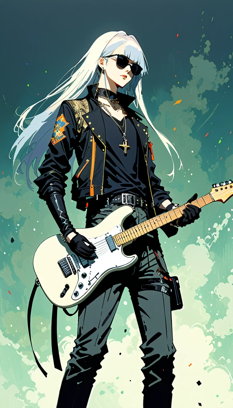 Harry Clarke style,(Ashley Wood Style:1.4),
1 Goth Girl,(弹guitar动作，Dynamic Action:1.4),guitar,Musical Instruments BREAK Bleach Style,length_hair,Partially colored,,pants,belt,keep,Wear glasses on your head,sunglasses,shoes,keep 乐器,electric guitar,shirt,peak,Tinted Glasses,whole body,necklace,Black gloves,Looking at the audience,collar,运动shoes,very length hair,white hair,black shirt,白色shoes類,jewelry,Gray hair,Persistence,black necklace,shut up,trumpet,