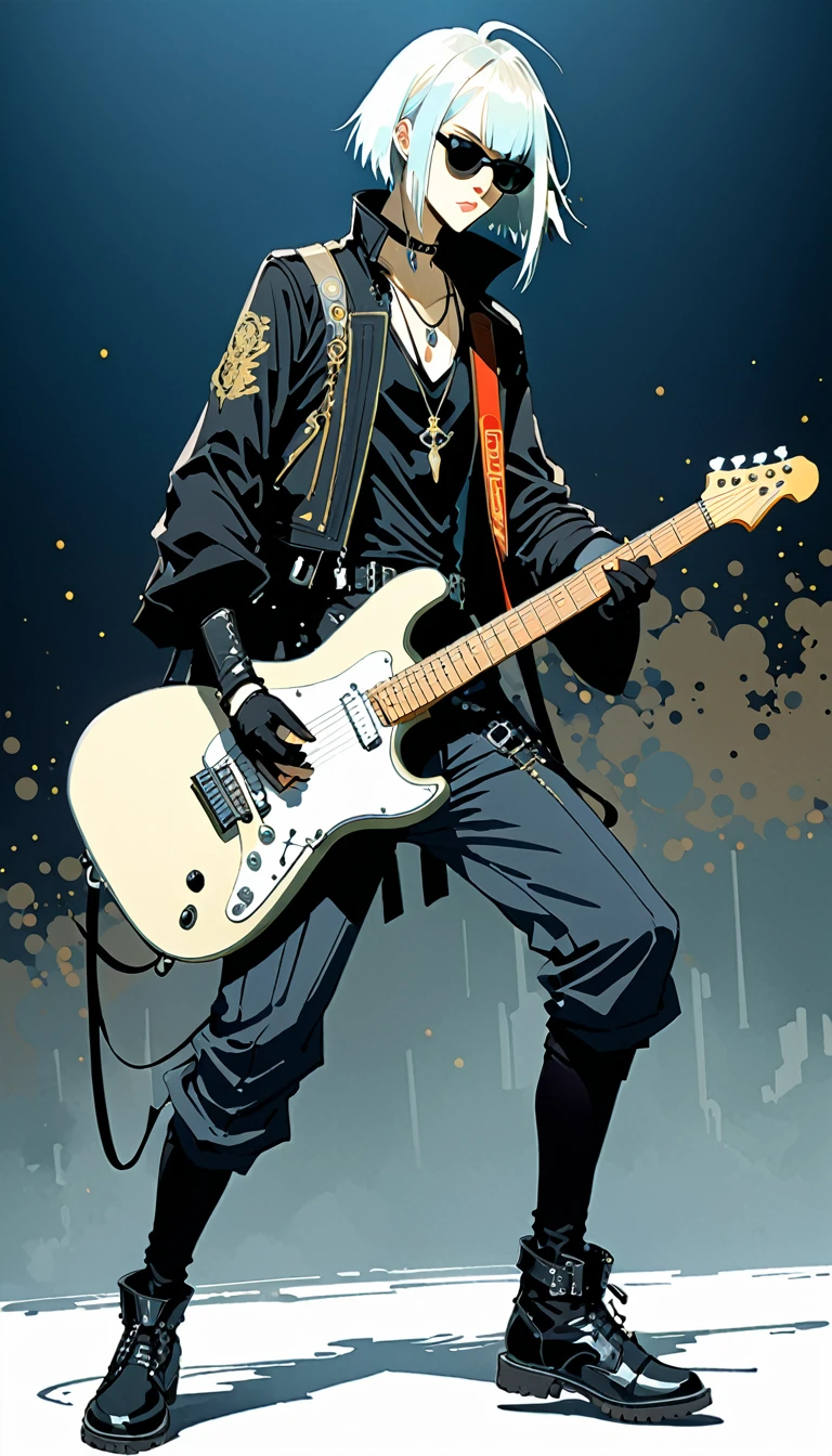 Harry Clarke style,(Ashley Wood Style:1.4),
1 Goth Girl,(弹guitar动作，Dynamic Action:1.4),guitar,Musical Instruments BREAK Bleach Style,length_hair,Partially colored,,pants,belt,keep,Wear glasses on your head,sunglasses,shoes,keep 乐器,electric guitar,shirt,peak,Tinted Glasses,whole body,necklace,Black gloves,Looking at the audience,collar,运动shoes,very length hair,white hair,black shirt,白色shoes類,jewelry,Gray hair,Persistence,black necklace,shut up,trumpet,