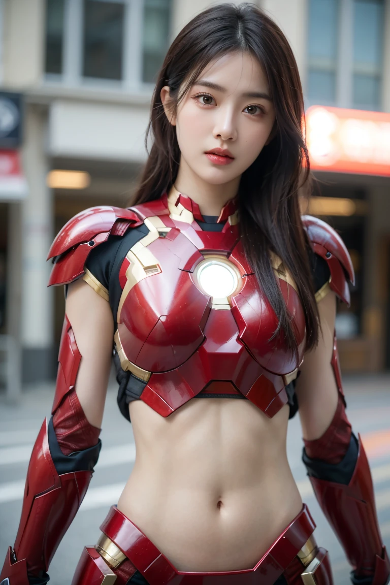 A girl wearing red Iron Man armor，Exposing sexy belly,cowboy shot，Looking at the camera，Detailed facial features, beautiful eyes, Lips, and long eyelashes, Reality, 8K， Very detailed, Studio Lighting, Dramatic Lighting, Vibrant colors, work, City Streets，The abdomen is open，Showing belly，Sexy abdominal muscles