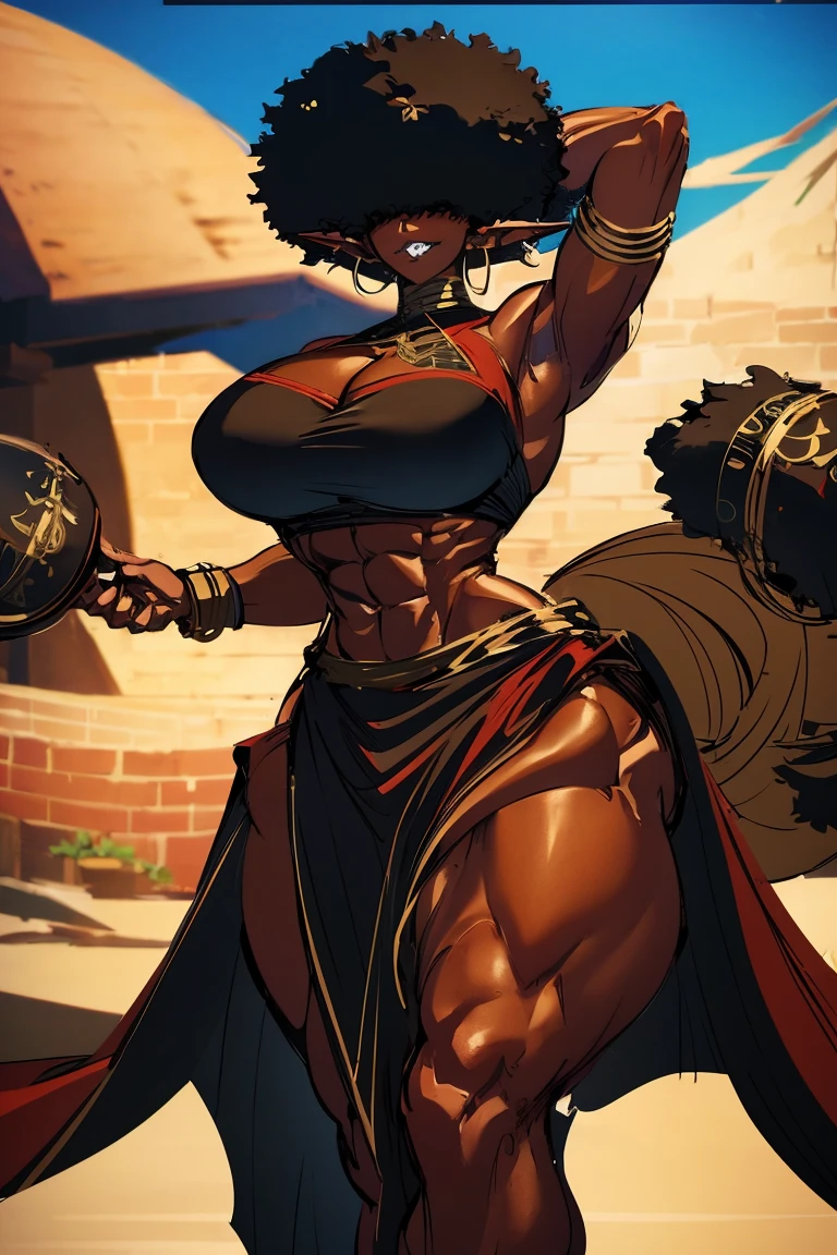 (masterpiece, best quality:1.2),1 girl, voluptuous body, full body, masterpiece, dominant pose, good anatomy, no extra limbs, big ass, thick thighs, black hair, voluminous afro, pointy ears, gold earrings, black top with red details, black skirt with red details, gold necklaces