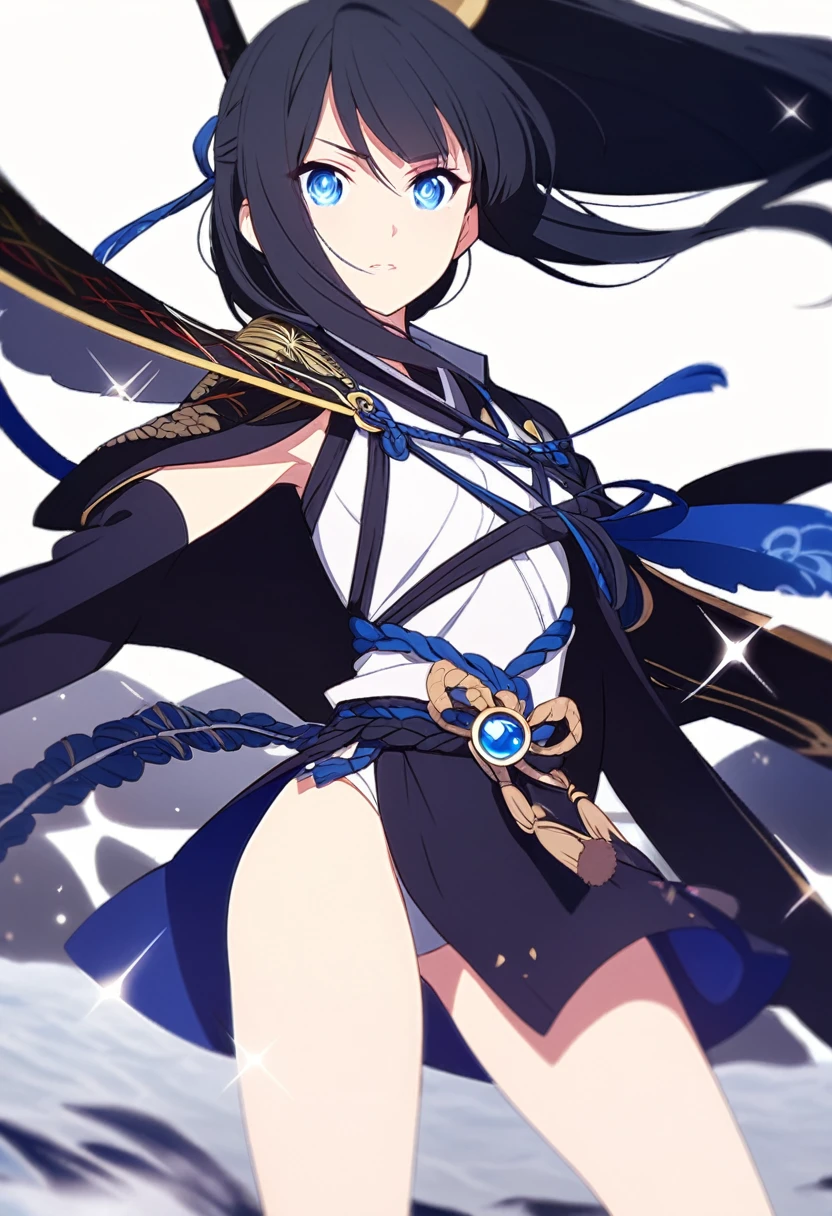 A stunningly beautiful girl in her mid-, adorned in the traditional garb of a samurai warrior. Her long, raven-black hair cascades down her back in perfect waves, held in place by a series of intricately tied ribbons. Her almond-shaped eyes, a mesmerizing shade of sapphire blue, sparkle with determination and courage. She stands with her legs shoulder-width apart, her body poised and ready for battle.