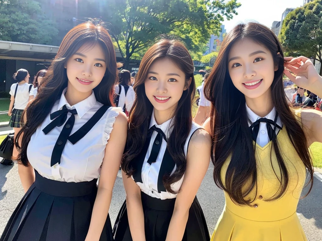 (A trio of super cute Korean high school girls take a photo together 1.2)(grin,Smile)(Beautiful Sweat:1.1)(16k, RAW Photos, Highest quality, masterpiece: 1.2),(Cute hairstyle with shiny black hair) Super detailed, Super Resolution, (Genuine, Genuine photos: 1.37), Portraiture, High-resolution RAW color photos, Professional photos, Very detailed, 8k wallpaper, Very detailed CG Unity 8k wallpaper, Very detailed beautiful girls, Very detailed faces, ((whole body)), beautiful woman, Huge breasts,(huge boobs:1.1) (Big Boobs:1.1), Beauty college student (A tight, girly, navy sleeveless with ribbon.),high school girl, Korean Girls,(K-POP Female Idols), (Idol-class beauty)(Beautiful high school girl:1.1)(High school girls sightseeing in Tokyo)(18-year-old)(Stylish school uniform-style outfit:1.1)(Group photo of the school trip:1.3)NSFW