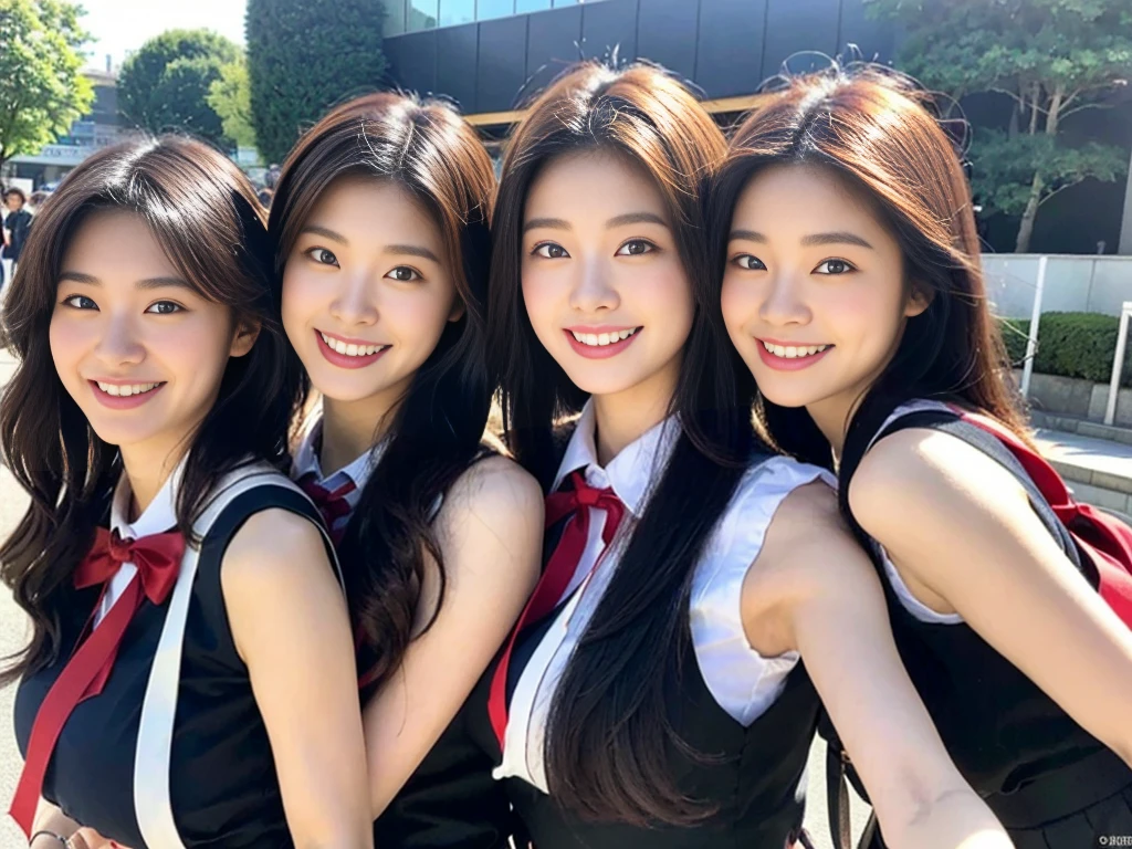 (A trio of super cute Korean high school girls take a photo together 1.2)(grin,Smile)(Beautiful Sweat:1.1)(16k, RAW Photos, Highest quality, masterpiece: 1.2),(Cute hairstyle with shiny black hair) Super detailed, Super Resolution, (Genuine, Genuine photos: 1.37), Portraiture, High-resolution RAW color photos, Professional photos, Very detailed, 8k wallpaper, Very detailed CG Unity 8k wallpaper, Very detailed beautiful girls, Very detailed faces, ((whole body)), beautiful woman, Huge breasts,(huge boobs:1.1) (Big Boobs:1.1), Beauty college student (A tight, girly, navy sleeveless  with ribbon.),high school girl, Korean Girls,(K-POP Female Idols), (Idol-class beauty)(Beautiful high school girl:1.1)(High school girls sightseeing in Tokyo)(18-year-old)(Stylish school uniform-style outfit:1.1)(Group photo of the school trip:1.3)NSFW