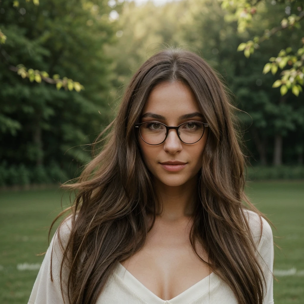A very beautiful woman with long, silky brown hair, yeux verts et bruns naturels captivants, and lips that are full but not too big. She wears stylish brown round glasses. La photo est recadrée sous son buste. Elle a une expression gracieuse et sereine, et ses cheveux tombent doucement sur ses épaules. Le fond est simple et neutre pour mettre en valeur ses traits.elle fait du sport