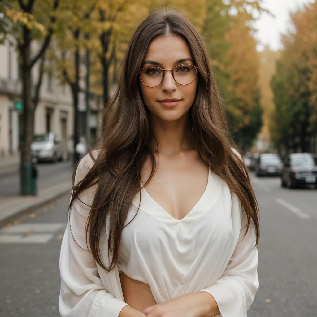 A very beautiful woman with long, silky brown hair, yeux verts et bruns naturels captivants, and lips that are full but not too big. She wears stylish brown round glasses. La photo est recadrée sous son buste. Elle a une expression gracieuse et sereine, et ses cheveux tombent doucement sur ses épaules. Le fond est simple et neutre pour mettre en valeur ses traits.elle fait du sport