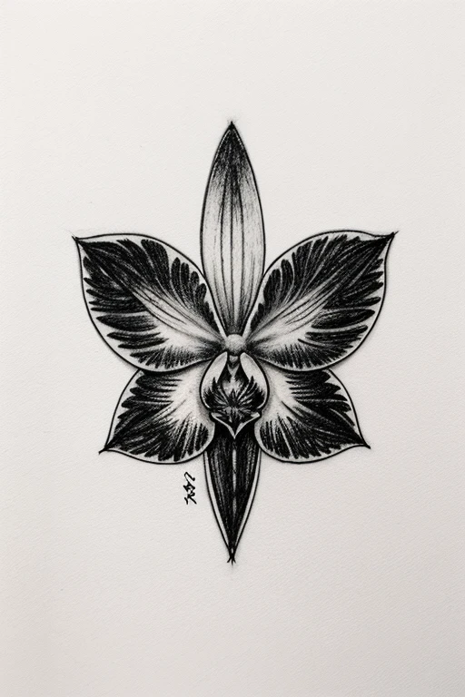 A blank image with 5 drawings/designs of black and white orchid vertical tattoos