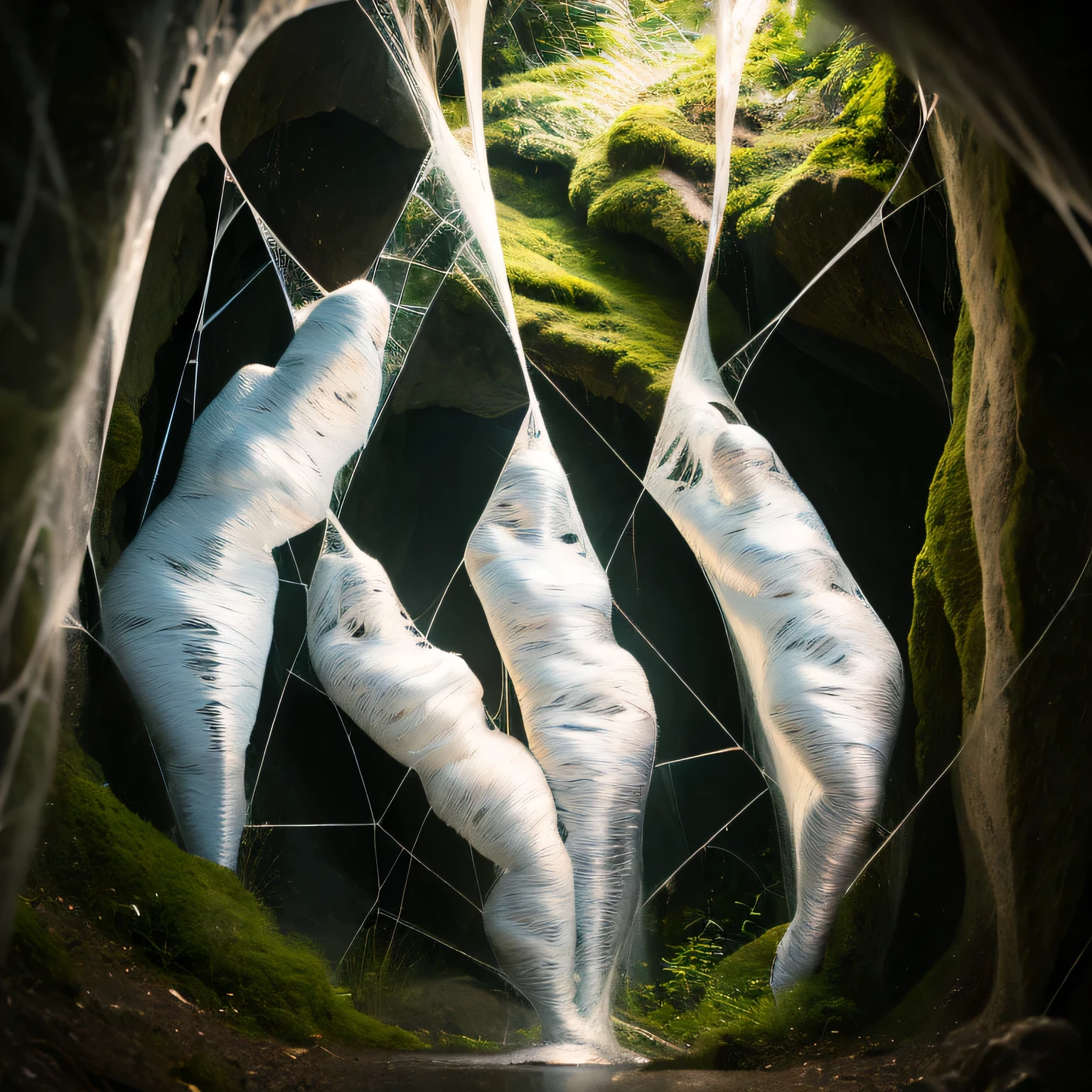 five woman in a tight web bondage, cocooned, struggle in the web, in the cave