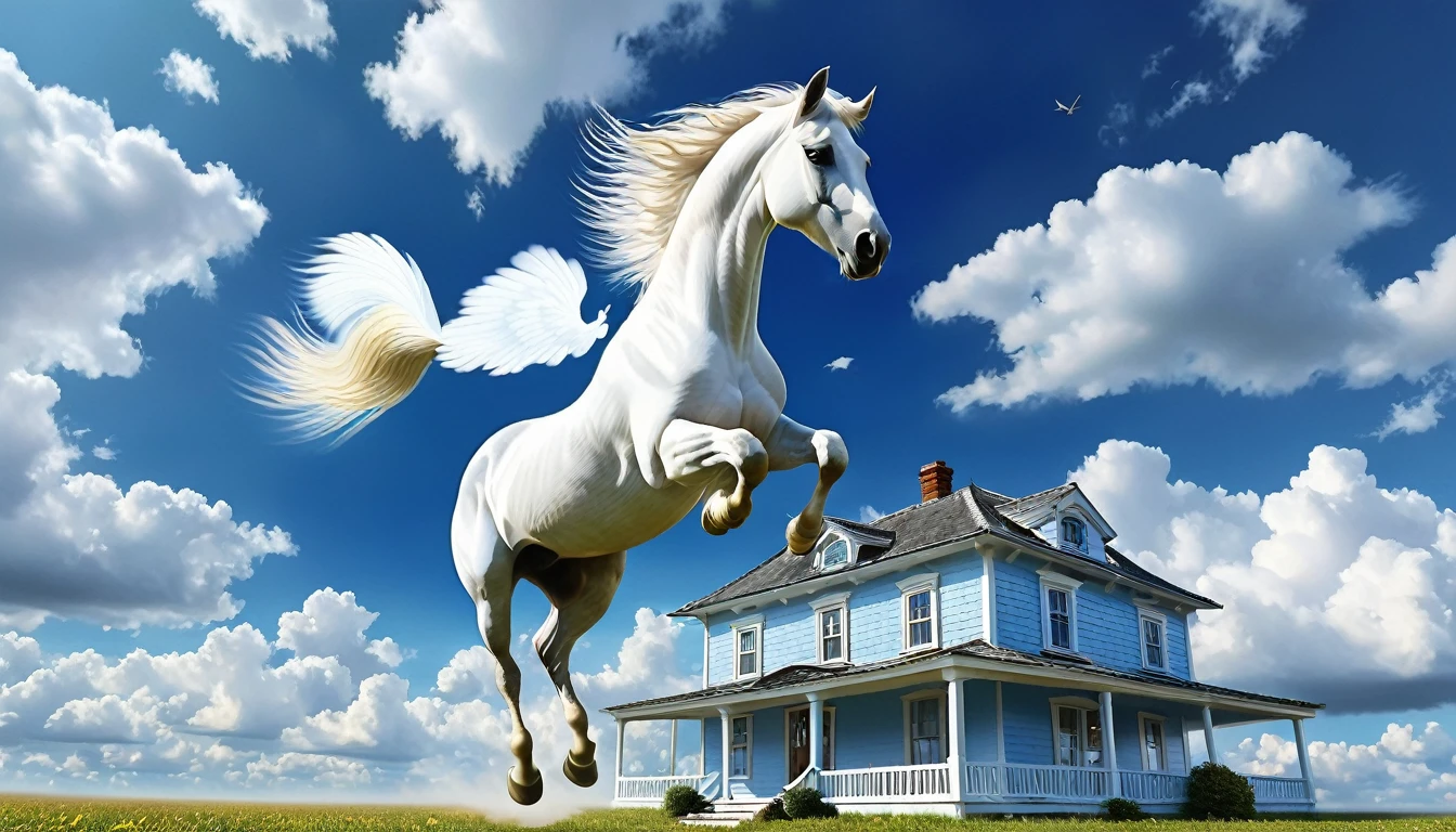 a horse flying in the sky, many clouds present, blue clouds, a white colour house, beautiful and attractive environment, HD, hyperrealistic, 3d, detailed 