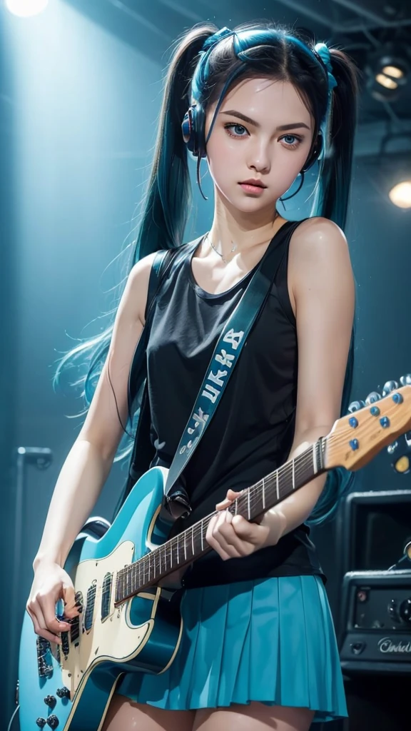 ((masterpiece, best quality))1girl, solo, black dress, blue eyes, electric guitar, guitar, headphones, double ponytail, holding, holding plectrum, instrument, long hair, music, one side up, teal hair, twin tails, playing guiter, pleated skirt, black shirt, interior