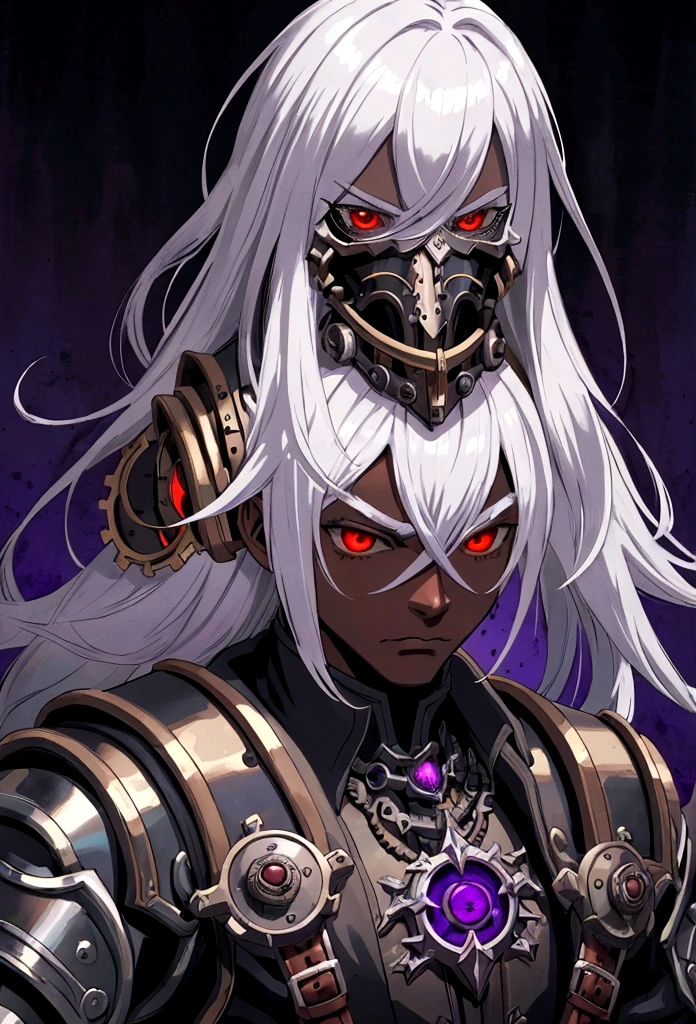 ((best quality)), ((masterpiece)), (detailed), ((boy)), (mix between steampunk and dungeonpunk), drow, upper body, portrait, red eyes, long white hair, Xemnas from Kingdom Hearts, half-drow, dark skinned, (full knight armor), paladin, serious face, dramatic lighting, dungeons and dragons character, purple theme