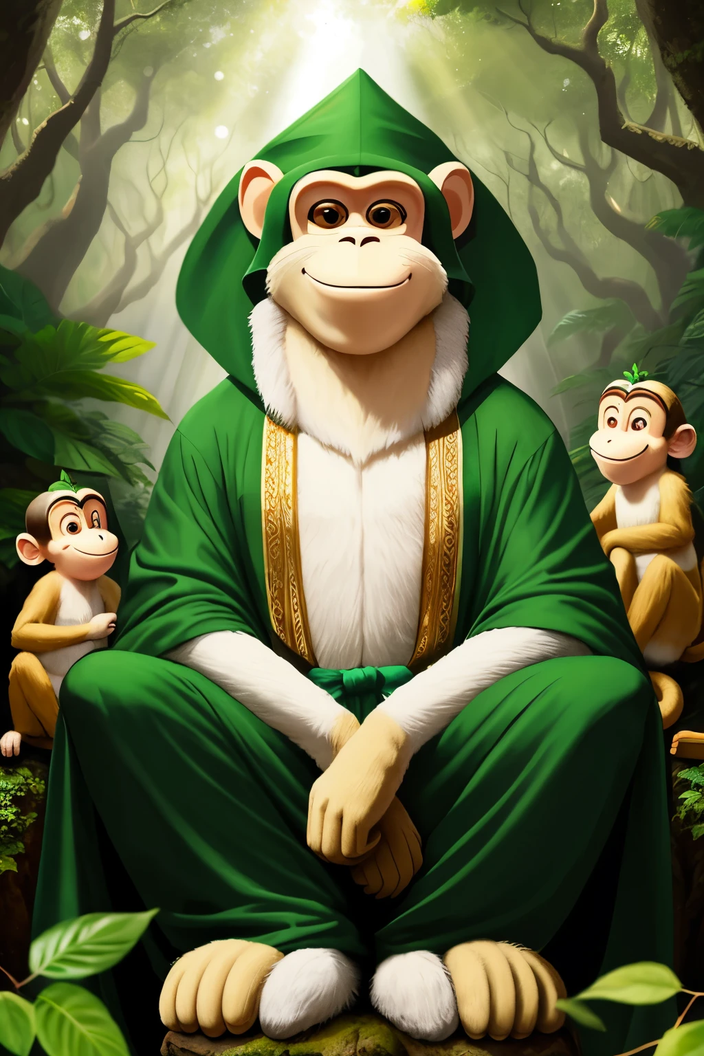  a whimsical anthropomorphic monkey, approximately 4 feet tall, dressed in elegant green robes. The monkey has a gleeful expression, sitting in a lush forest with dappled sunlight filtering through the leaves.