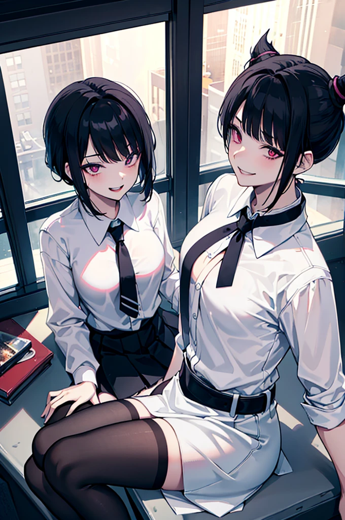 juri han, work of art, tight white secretary shirt with black tie, black high waist skirt, short skirt,stocking, black hair, black tights,evil smile,office,franja nos olhos,lighting,chifre de cabelos,view from above,olhando para cima
