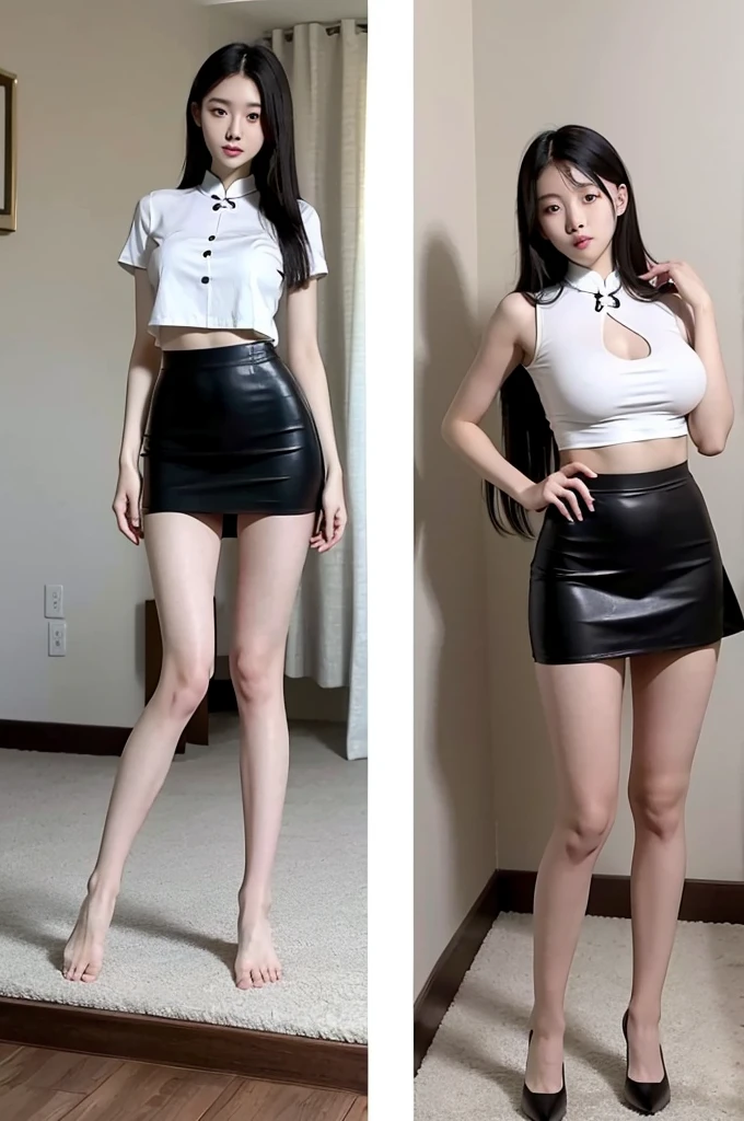 Skinny and sexy Chinese teenager with long hair and giant breasts wearing only a black skirt, no shirt, full body