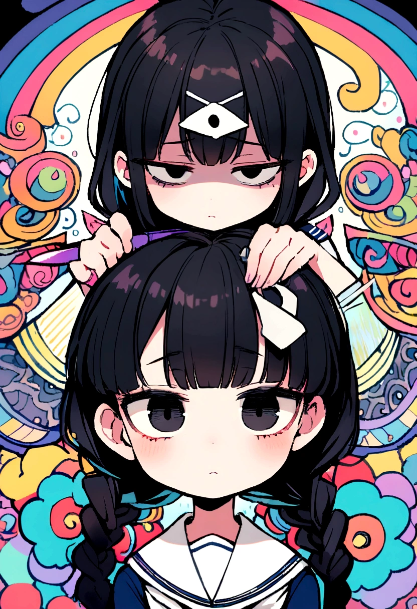 Long black hair, two braids, sailor suit, jittery eyes, , short, cute, , half eyes, jittery eyes, white triangle on head, black eyes, holding a knife, expressionless