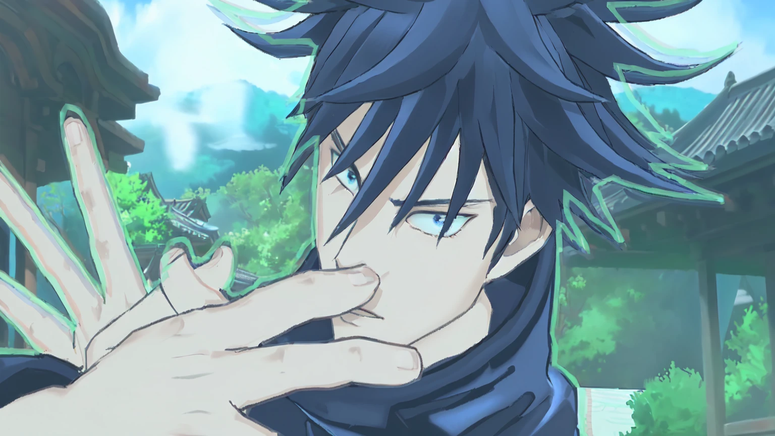 a man with black hair and blue eyes making a gesture, inspired by Okumura Masanobu, with index finger, okata kazuto, inspired by Okumura Togyu, mana shooting from his hands, ikuto yamashita, screenshot from black clover, highley detailled face, wow 4 k detail fantasy, hyperdetailed fantasy character, 4K details fantasy, realistic