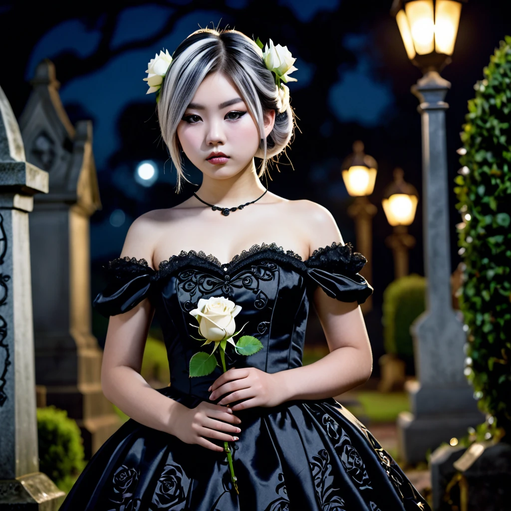 (masterpiece), (extremely intricate:1.3), (realistic), photo of a a bit chubby charming pale Japanese girl wearing a short black shoulderless gothic dress holding a white rose, (baroque hairstyle), plan american, spooky graveyard at night, professional photograph of a stunning teenl detailed, sharp focus, dramatic, award winning, cinematic lighting, volumetrics dtx, (film grain, blurry background, blurry foreground, bokeh, depth of field, night, motion blur:1.3), 4k, 8k, hd, hdr