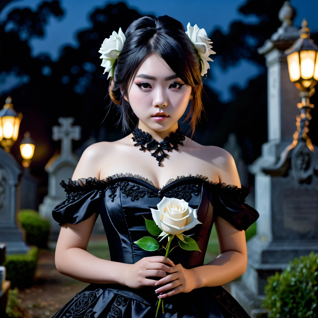 (masterpiece), (extremely intricate:1.3), (realistic), photo of a a bit chubby charming pale Japanese girl wearing a short black shoulderless gothic dress holding a white rose, (baroque hairstyle), plan american, spooky graveyard at night, professional photograph of a stunning teenl detailed, sharp focus, dramatic, award winning, cinematic lighting, volumetrics dtx, (film grain, blurry background, blurry foreground, bokeh, depth of field, night, motion blur:1.3), 4k, 8k, hd, hdr