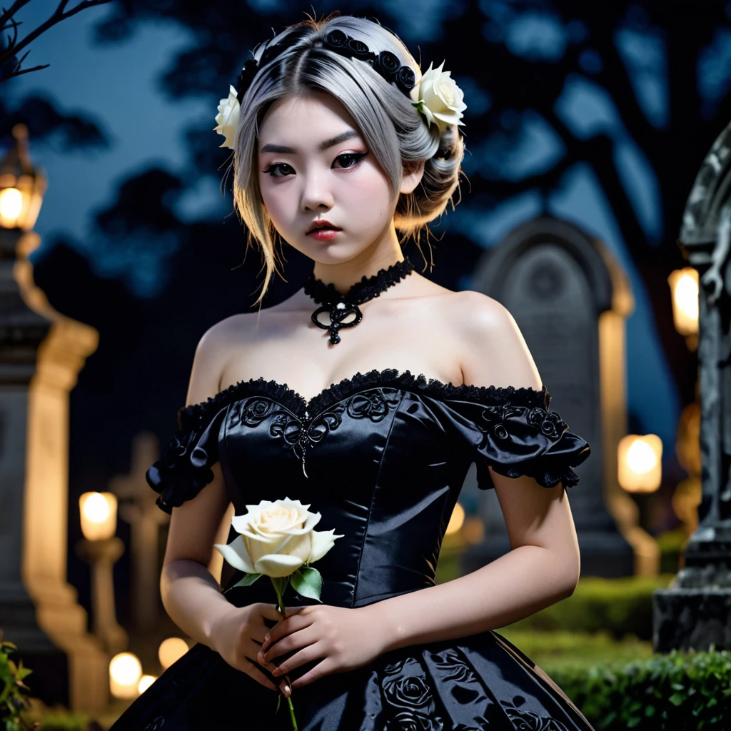 (masterpiece), (extremely intricate:1.3), (realistic), photo of a a bit chubby charming pale Japanese teen girl wearing a short black shoulderless gothic dress holding a white rose, (baroque hairstyle), plan american, spooky graveyard at night, professional photograph of a stunning teen girl detailed, sharp focus, dramatic, award winning, cinematic lighting, volumetrics dtx, (film grain, blurry background, blurry foreground, bokeh, depth of field, night, motion blur:1.3), 4k, 8k, hd, hdr